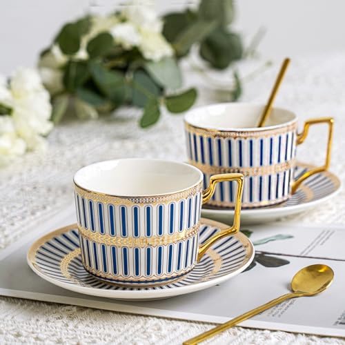 CwlwGO-Bone China Cups & Saucers Set of 2 (7 oz) with Gold Spoon and Gifts Box, White Tea Cups Sets,Cappuccino Cups,Ceramic British Coffee Cup Set. by HappleCwlwgoHome