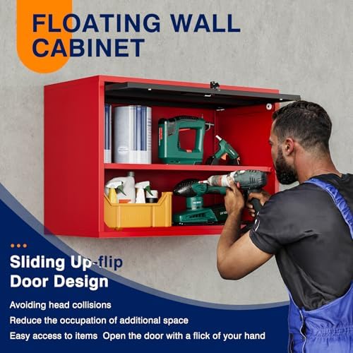 Yizosh Metal Garage Wall Cabinet with Doors and Shelves,Wall Mounted Metal Storage Cabinet, Floating Steel Tool Cabinet for Garage,Basement,Kitchen,Warehouse (Red Black,21.6" H) - Image 4
