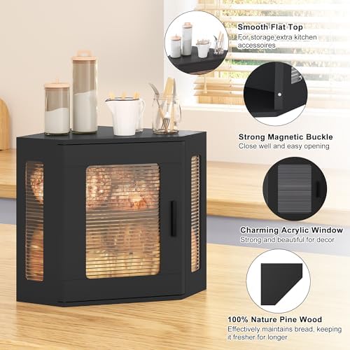 TQVAI Bread Box for Kitchen Countertop Large Corner Bread Loaf Storage Container Double Layer Wooden Bread Boxes Bin Farmhouse Pantry Shelf with Acrylic Window, Black - Image 4