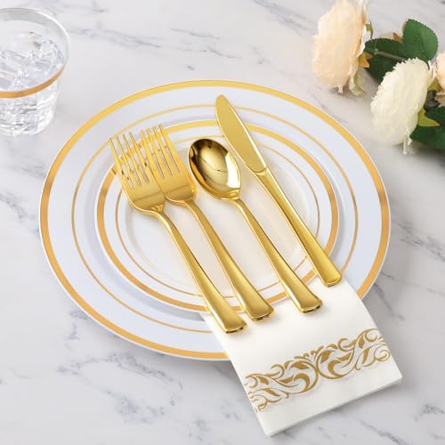 Goodluck 700 Piece Gold Dinnerware Set for 100 Guests, Disposable Plate Set - Image 2