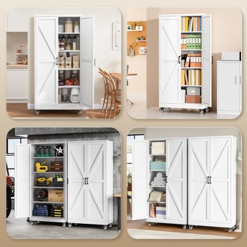 Yizosh 75" White Metal Pantry Cabinets,Garage Storage Cabinet with Wheeles - Image 5