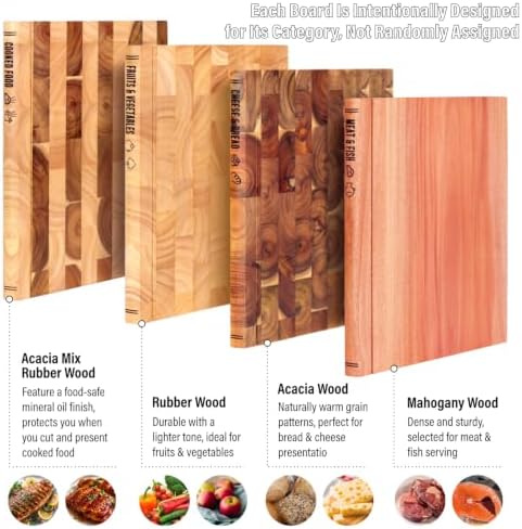 4Pcs Book Cutting Board Set with Stand - The Cutting Board Library, Solid Wood Book-Shaped Boards for Serving & Display, Labeled for Meat & Fish, Bread & Cheese, Cooked Food, Fruits & Vegetables - Image 3
