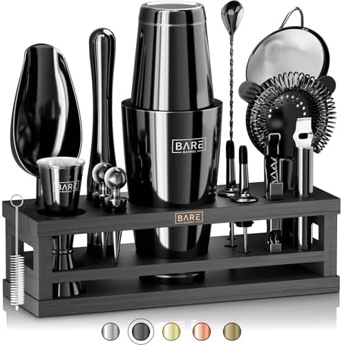 BARE BARREL® Mixology Bartender Kit Bar Set | 16-Piece Cocktail Shaker Set | Martini Barware Mixing Tools for Home Bartending | Incl. 35 Recipe Cards | Gift Set (28oz Boston Shaker, Jet Black/Black) by BareBarrel