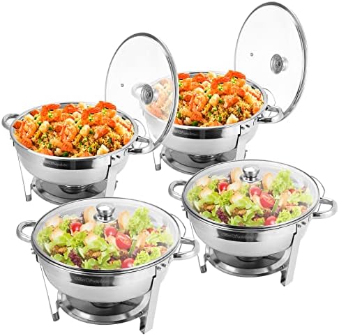 Chafing Dish Buffet Set 4 Packs, 5 QT Stainless Steel Round Chafing Dishes with Glass Lid & Lid Holder, Food Warmer for Parties Buffet Weddings Catering Events by BriSunshine
