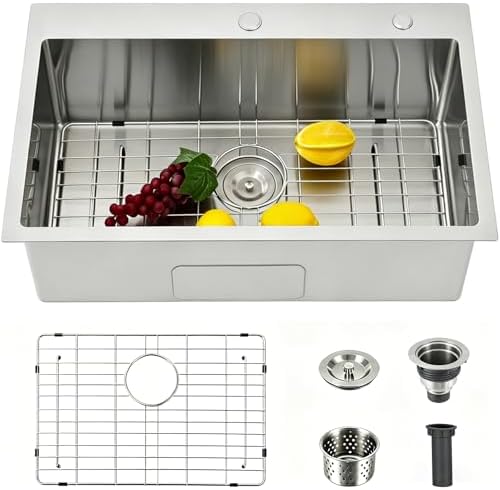VAPSINT 28 Inch Drop in Kitchen Sink, 28x18 Inch Top Mount 16 Gauge Commercial T304 Stainless Steel Sink for Kitchen, 9 Inch Deep Handmade Single Bowl Basin Laundry Utility Wet Prep Sink, Fregadero by VAPSINT