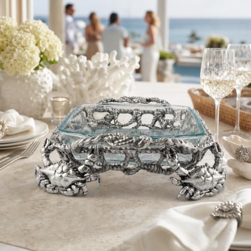 Arthur Court Crab and Net Casserole Dish Holder Ocean Pattern Aluminum 3 Quart with Glass Dish - Image 6