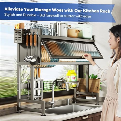 Hdrriozu Over the Sink Dish Drainer Drying Rack 3 Tier with Cover - Image 2