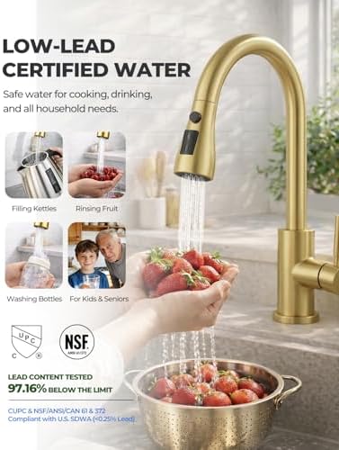 WEWE Pull-Down Kitchen Faucet, 3-Mode Sprayer, Gold, Fits Family - Image 4