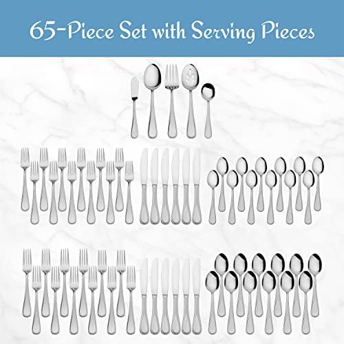 Mikasa Bravo 65-Piece Flatware Set, Service for 12, 18/10 Stainless Steel Silverware with Mirror Finish, Includes 5 Serving Utensils, Dishwasher Safe - Image 2