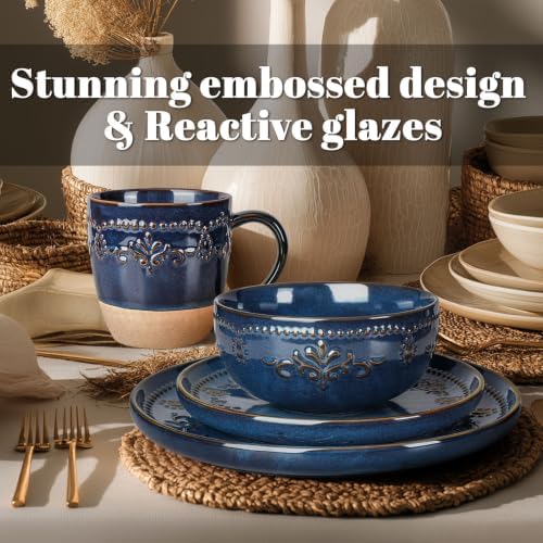 Artena 4-Piece Handcrafted Ceramic Dinnerware Set with Mugs, Service for 1 – Reactive Glaze Embossed Plates, Bowls & Mugs, Dishwasher & Microwave Safe, Blue, Damask Floral - Image 3
