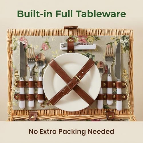Multifunctional Wicker Picnic Basket Set for 2 Adult with Blankets & Flower - Image 3