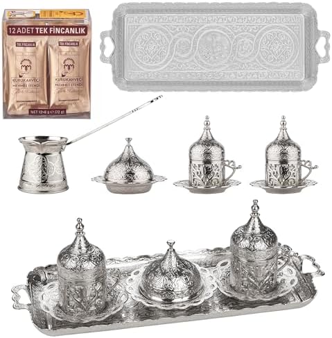 Alisveristime Premium Turkish Coffee Set - 12-Person Turkish Coffee, Cezve, 2-Person Cups, Delight Bowl, and Tray (4 Colors) (Silver) - Image 2