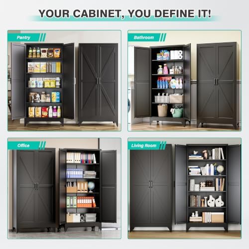 SISESOL 75" Tall Pantry Cabinet,Wide & Deep Farmhouse Kitchen Pantry Storage Cabinets with 2 Doors and 5 Shelves,Black Metal Storage Cabinet,Large Cupboard for Home,Kitchen,Dining/Living Room - Image 5