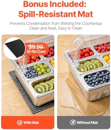 VEVOR Countertop Food Serving Display Container, Stainless Steel Food Salad Server Tray, Buffet Condiment Dispenser, Ice Cooled Rack with Clear Roll Top Cover, for Restaurant Hotel (1x1/3+6x1/9 Pan) - Image 5