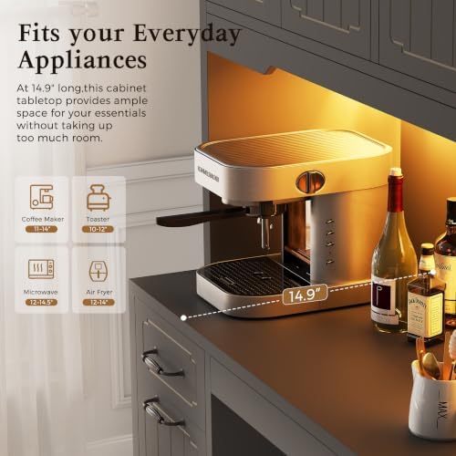 Fluted Kitchen Pantry Cabinet with Charging Station & LED Light, 47" Wide Kitchen Pantry Storage Cabinet with Countertop, Microwave & Appliance Storage, Food Pantry Cabinet for Dining Room ,Black - Image 5