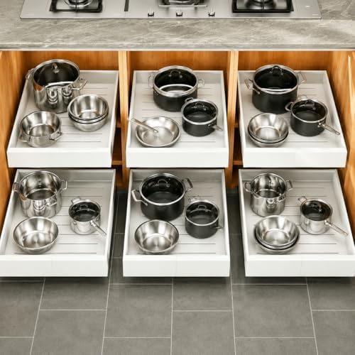 Pull out Cabinet Organizer, 6-pack, Expandable(12"-20") Heavy Duty Slide out Drawers Fixed with Adhesive Nano Film for Pots, Roll out Shelf Storage for Kitchen Base Cabinet Organization(3 Rails) by Kitstorack