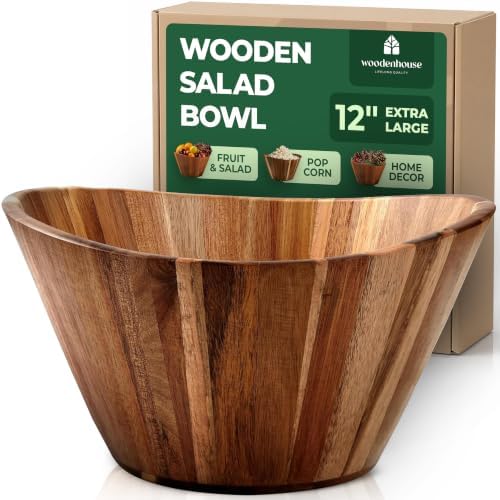 Extra Large Wooden Salad Bowl, Acacia 12" Multi-Purpose Serving Fruit Bowl by Woodenhouse