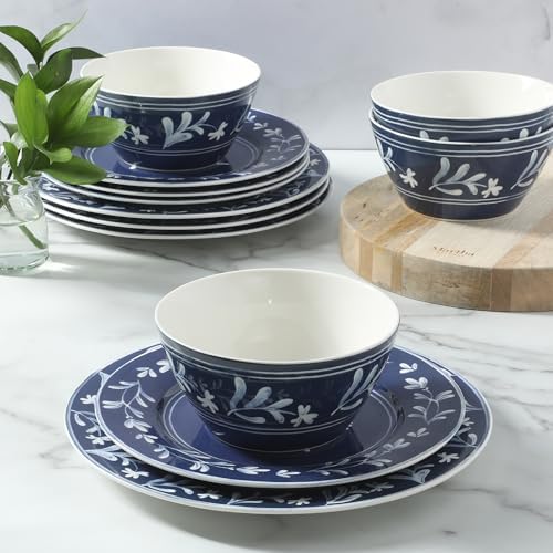 Martha Stewart Dinnerware Set- Maiden Crown 12-Piece Sky Blue Dishes – New Bone China Ceramic Plates & Bowls – Floral Design – Service for 4 – Microwave & Dishwasher Safe - Image 6