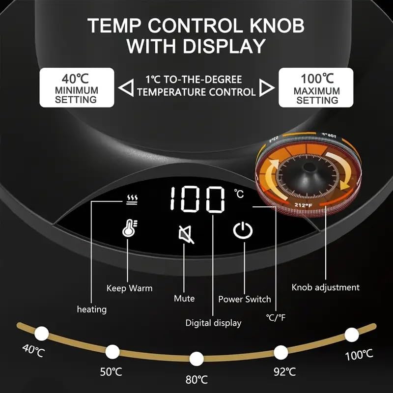 Gooseneck Electric Kettle with ±1℉ Temperature Control & Keep Warm for Pour Over Coffee & Tea, Rapid Boil, 304 Stainless Steel, Built-in Brew Timer, 1000W/ 0.9L - Image 2