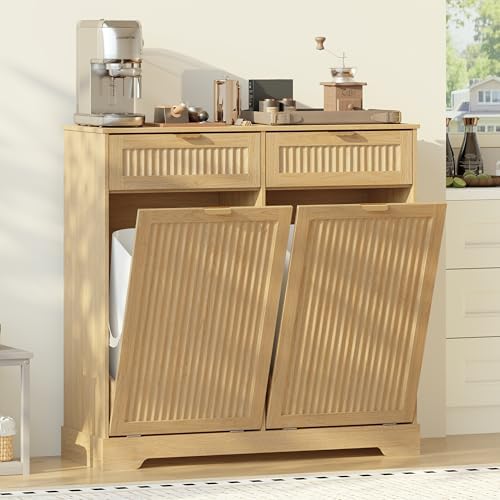 Double 13 Gallon Tilt Out Trash Can Cabinet,Garbage Cabinet with Drawer by JMHDYG