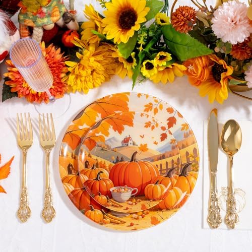 60PCS Thanksgiving Plastic Plates - Heavy Duty Fall Plastic Plates - Pumpkin Disposable Plates Include 30 Dinner & 30 Dessert Plate for Friendsgiving Party Holiday - Image 6