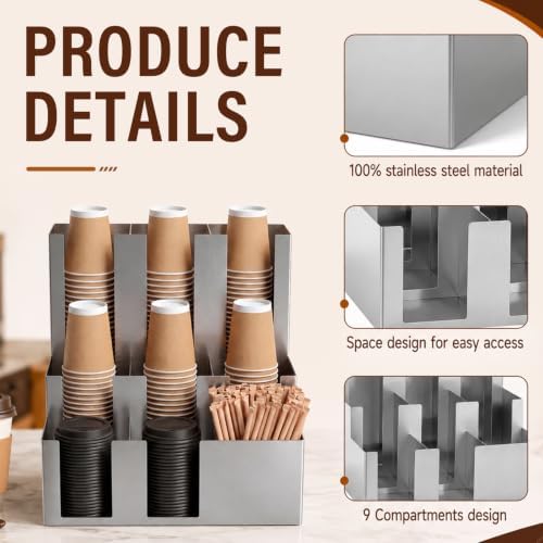 9 Compartment Stainless Steel Vertical Coffee Cup and Lid Dispenser - Image 3
