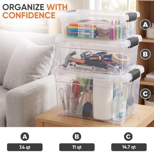 Superio 7.4 Quart Clear Plastic Storage Bin with Lid, Stackable Organizer Box, BPA-Free Storage Container for Home, Garage, School & Office, 8 Pack - Image 5