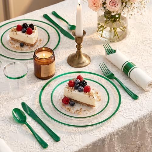 350PCS Clear Green Plastic Plates Dinnerware Sets for 50 Guests - Image 2