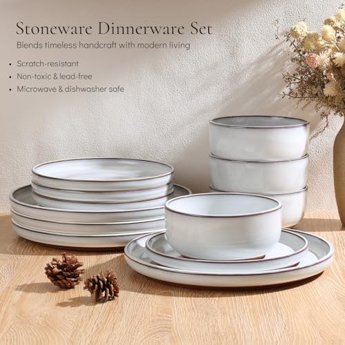 E-far Stoneware Dinnerware Sets for 8, 24 Pieces Reactive Glaze Plates and Bowls Sets, Elegant Dishes with Rustic Terracotta Clay Base, Dishwasher & Microwave Safe, Scratch Resistant, Glacier White - Image 3