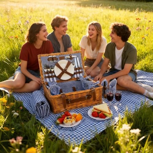 Multifunctional Wicker Picnic Basket Set for 4 Adults with Blue Blankets - Image 4