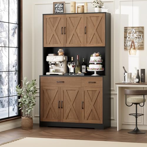 HOSTACK 71"H Kitchen Pantry Storage Cabinet, Farmhouse Hutch Cabinet, Brown - Image 4