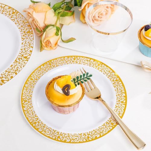 WELLIFE 100 Guests Dinnerware Sets, Gold Plastic Plates, Platos Para Fiestas Elegantes Desechables Include:100 Dinner Plates,100 Dessert Plate,400 Pcs Gold Plastic Silverware, 100 Cups for Party - Image 6