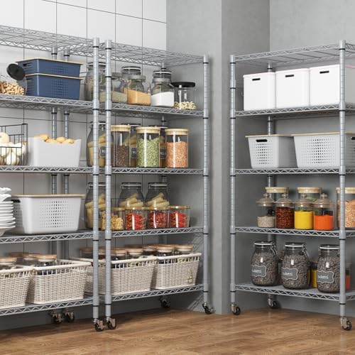 Homdox 5 Tier Adjustable Rolling Storage Shelves, Heavy Duty Wire Racks and Shelving, Metal Shelves for with Side Hooks Pantry Closet Kitchen Garage Organization, Silver Gray - Image 5