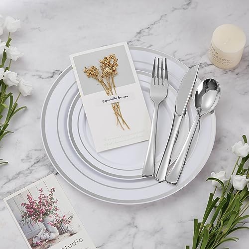 BESTVIP 300PCS Plastic Dinnerware Set, Silver Disposable Plates - Image 2