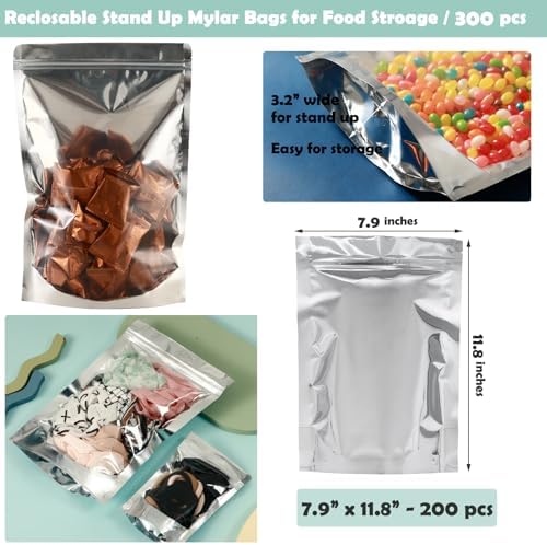 300-Pack Reclosable Large Mylar Bags for Food Storage 7.9" x 11.8" Stand Up Pouch Bags Bulk Resealable Smell Proof Aluminum Silver Foil Bags with Clear Window Kitchen Storage Edible Packaging - Image 3