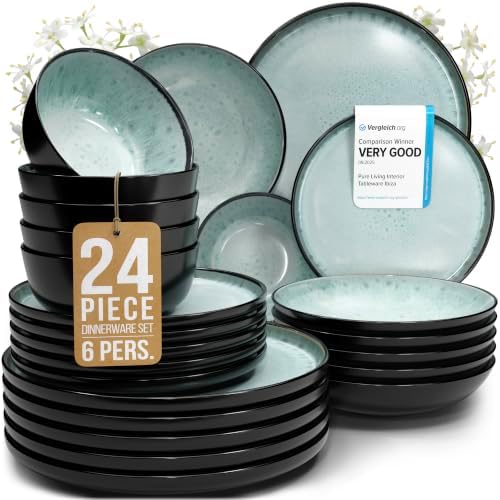 24 Piece Stoneware Dinnerware Set for 6, Handcrafted Plates and Bowls Set by PURELIVING