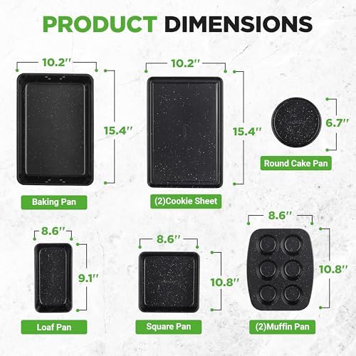 NutriChef 8-Piece Stackable Bakeware Set - Carbon Steel Non-Stick Baking Pan Set, Sheet, Muffin, Round, Loaf, Square Cake & Deep Pans, 450°F Heat Resistant, Standard & Convection Ovens (Black Marble) - Image 6