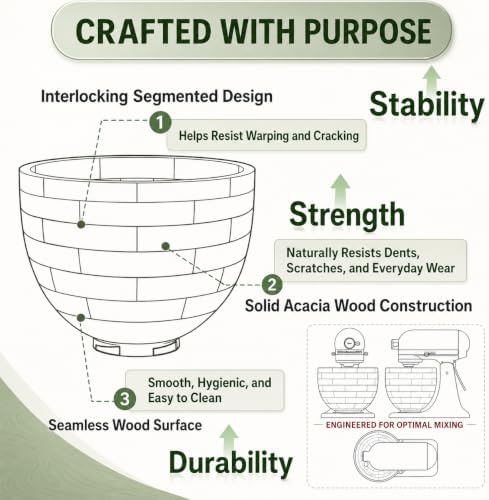 Premium Wood Mixing Bowl, Compatible with 4.5 & 5 QT KitchenAid Tilt-Head Stand Mixer. Kitchenaid Mixer Bowl with Stainless Steel Locking Base. Gift Idea - Image 5