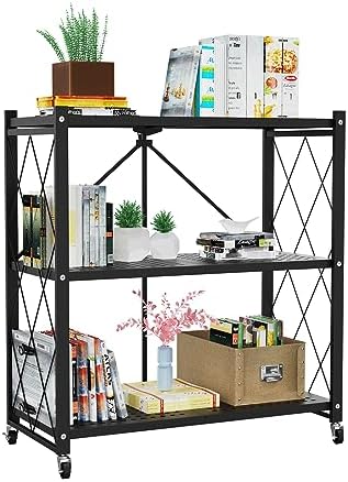 Our Modern Space 3-Tier Foldable Storage Shelf with Wheels | Metal Rack Collapsible Shelving Display | Rolling Cart for Books Kitchen Storage Shelves | Pantry & Closet Organizer | Office Room Decor by OurModernSpace