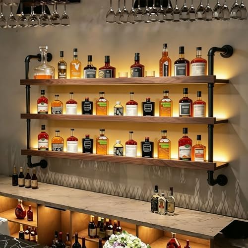 35In Wall Mounted Wine Rack 3-Tier Industrial Pipe with LED Light by flowercart