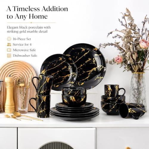 Black and Gold Marble Dinnerware Set for 4, 16-Piece Porcelain - Image 6