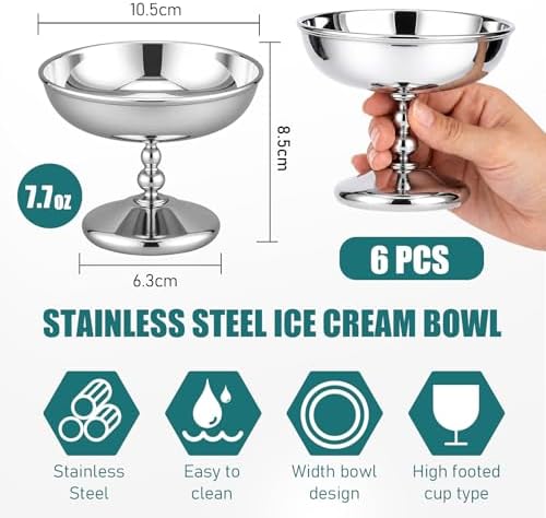 6 Pcs Stainless Steel Ice Cream Bowl Bulk Serving Cups Dessert Bowls Reusable Round Footed Yogurt Snack Candy Dishes Cute Sundae Bowl for Fruit Pudding Wedding Birthday Party(Modern Style) - Image 2
