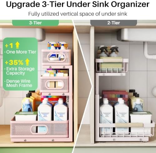 Kitstorack Under Sink Organizer, 2-Pack 3-Tier Height Adjustable Thickened Metal Pull out Cabinet Organizer Shelf, Slide out Storage Drawer Rack for Bathroom Kitchen Pantry Home Organization, Pink - Image 3