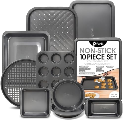 PERLLI Non-Stick 10-Piece Bakeware Set – Carbon Steel with Even Heat Distribution, Oven Safe to 446°F, BPA-Free, Dishwasher Safe, Stackable Baking Tools for Easy Storage and Everyday Cooking - Gray by PERLLI