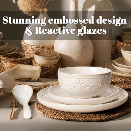 Artena 4-Piece Handcrafted Ceramic Dinnerware Set, Service for 1 – Reactive Glaze Embossed Plates, Bowls & Soup Spoons Included, Dishwasher & Microwave Safe, White, Damask Floral - Image 3