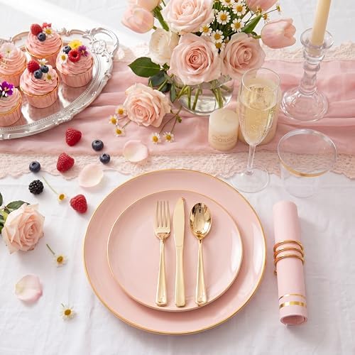 NOCCUR 350PCS Pink Plates Disposable - Pink Gold Plastic Dinnerware Set for 50 Guests Include 100 Dinner/Dessert Plates,150 Cutlery,50 Cups&50 Napkins - Ideal for Party/Wedding/Mother's Day - Image 3