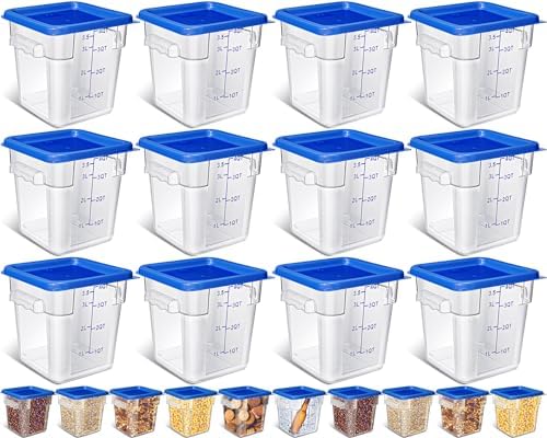 Yungyan 12 Pcs 4 Qt Commercial Food Storage Containers with Lids Restaurant Square Airtight Food Storage Containers Clear Cereal Containers for Kitchen Freezer Dishwasher Pantry(Blue Lid) by Yungyan
