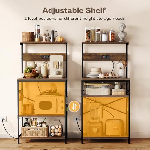 SUPERJARE Kitchen Bakers Rack with Power Outlet, Coffee Bar Table 4 Tiers, Kitchen Microwave Stand with 6 S-shaped Hooks, Storage Shelf Rack for Spices, Pots and Pans - Rustic Brown - Image 5