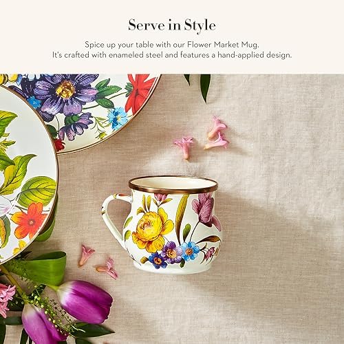 MACKENZIE-CHILDS Enamel Mug, Cute Enamelware Coffee and Tea Mug, Unique Drinkware, 16 Ounces, White Flower Market, Set of 1 (Pack of 2) - Image 2