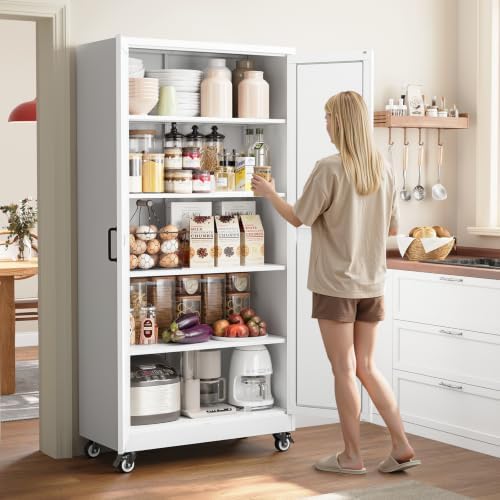Yizosh 75" White Metal Pantry Cabinets,Garage Storage Cabinet with Wheeles - Image 2